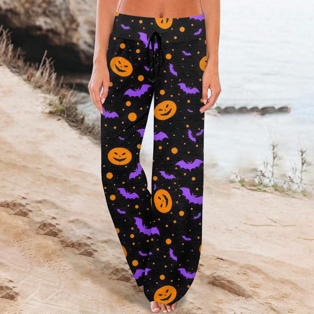 Женские удобные пижамные штаны с карманами на Хэллоуин и принтом на шнуровке, широкие брюки