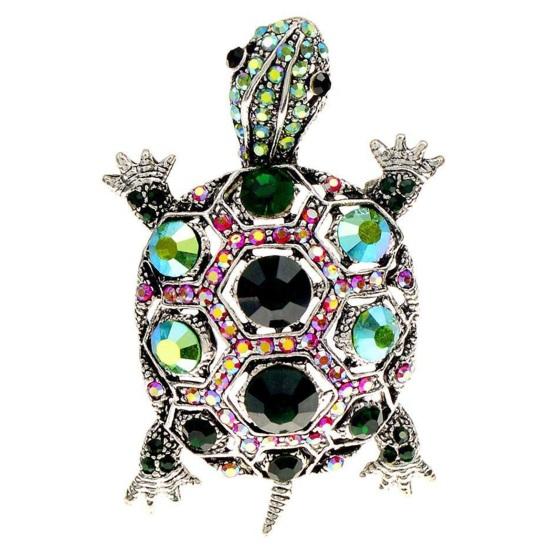 Tortoise Brooch Rhinestone Faux Crystal Colorful Turtle Pin Brooch Lapel Pins Vintage