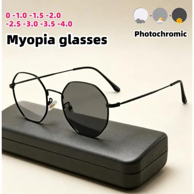 Фотохромные очки для близорукости Золотая металлическая геометрическая оправа Очки Модные Уличные Защитные от синего света для мужчин Женщин от 0 до -4.0