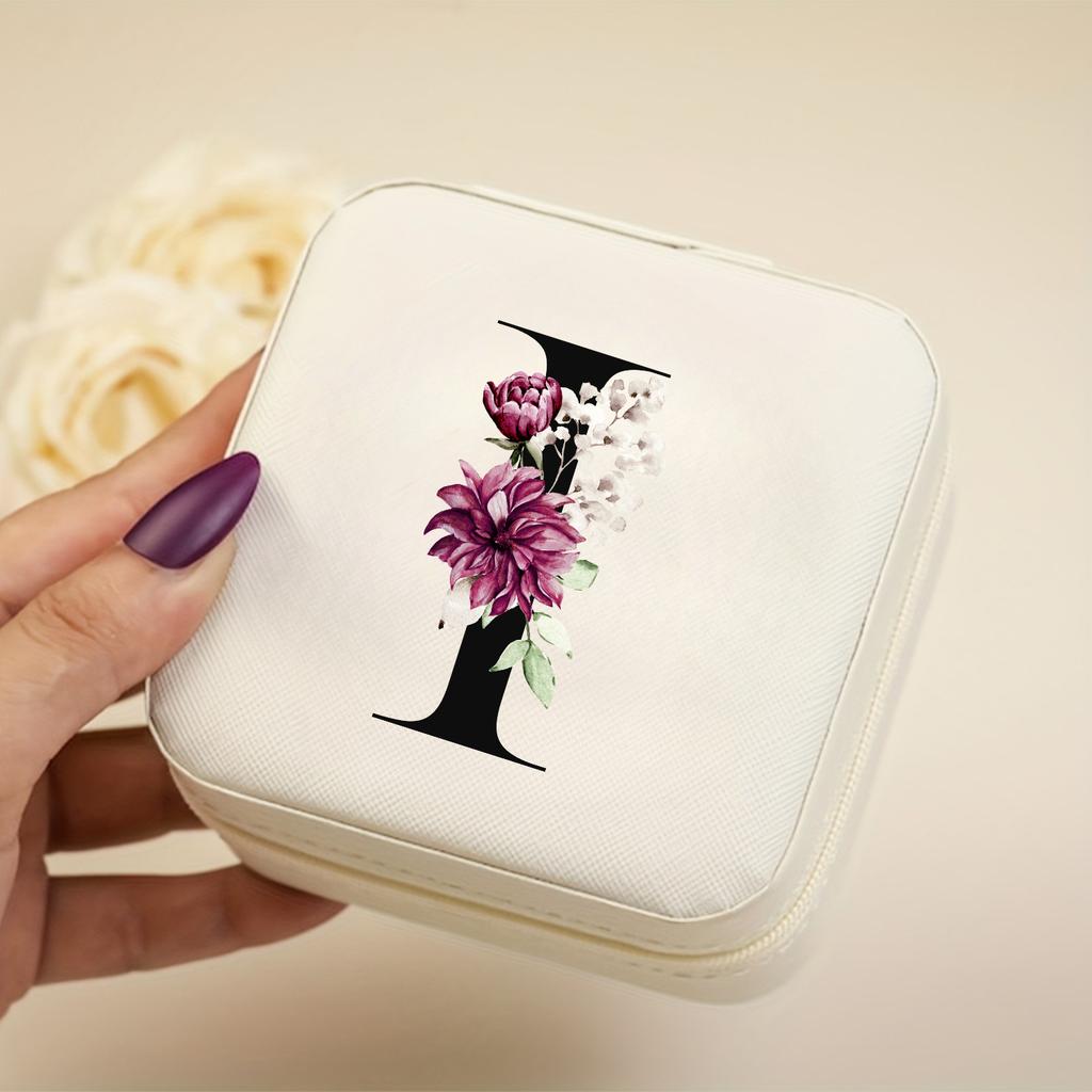 A-Z Alphabet Print Beige Travel White Storage Box, Jewelry Box with Zipper Closure and Fabric Lining