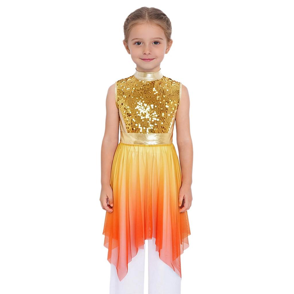 Girls Worship Praise Dance Tunic Dresses Mock Neck Sleeveless Asymmetrical Hem Shiny Sequins Bodice Dress Contemporary Dancewear