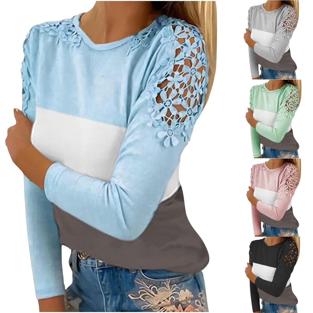 Womens Lace Hollow Out Tops Fall Cold Shoulder Shirts Long Sleeve Crewneck Blouses Casual Loose Pullover Shirts