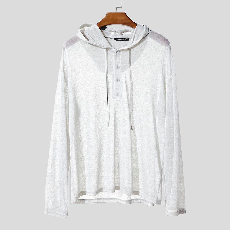 INCERUN Мужские прозрачные топы и футболки оверсайз с длинным рукавом, свободного кроя, с капюшоном на шнурке