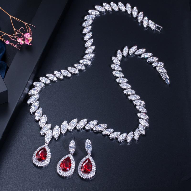 CMM 2PCS Engagement Water Drop Cubic Zirconia Pendant Necklace Set Earrings
