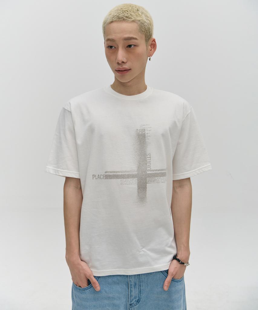 PLACESTUDIOMAN Round Neck Oversized Casual Short Sleeve T-Shirt With Cross Lettering Graphic Point _3 Colors