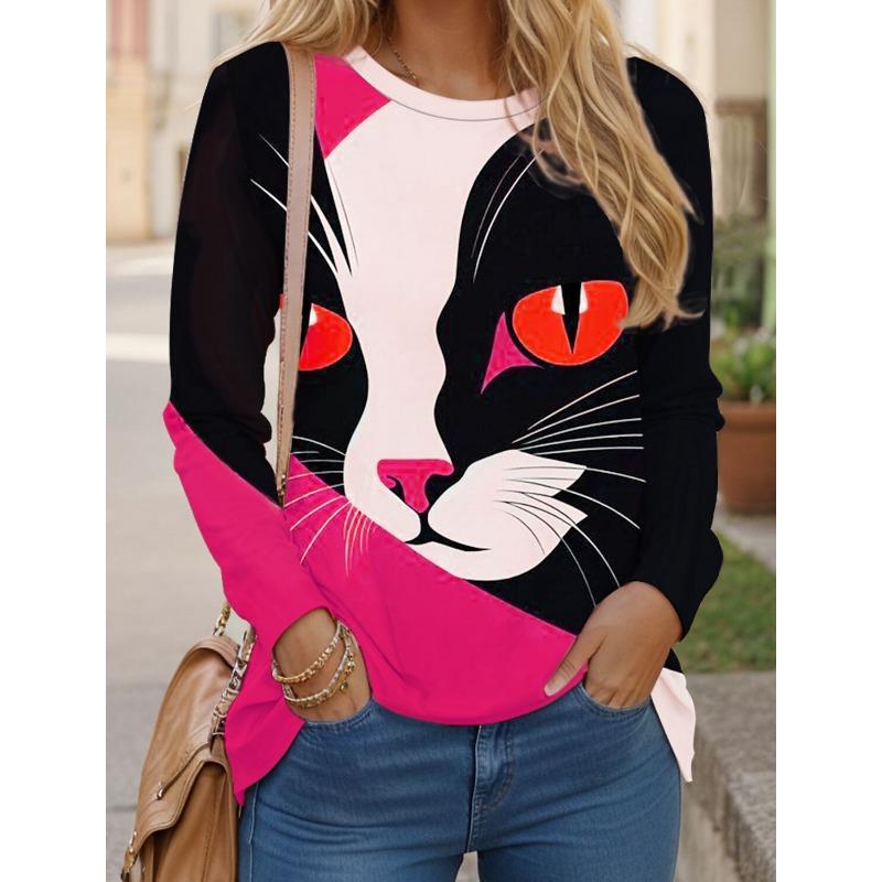 Women's T Shirts 3D Print Art Design Cat Pattern Long Sleeve Daily Weekend Fashion Funny Round Neck Regular Fit Spring Fall