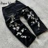 RogueWave Y2K Harajuku Retro Jeans Artistic Cherry Blossom Embroidery Pattern Denim Pants High Street Loose Straight Leg Pants