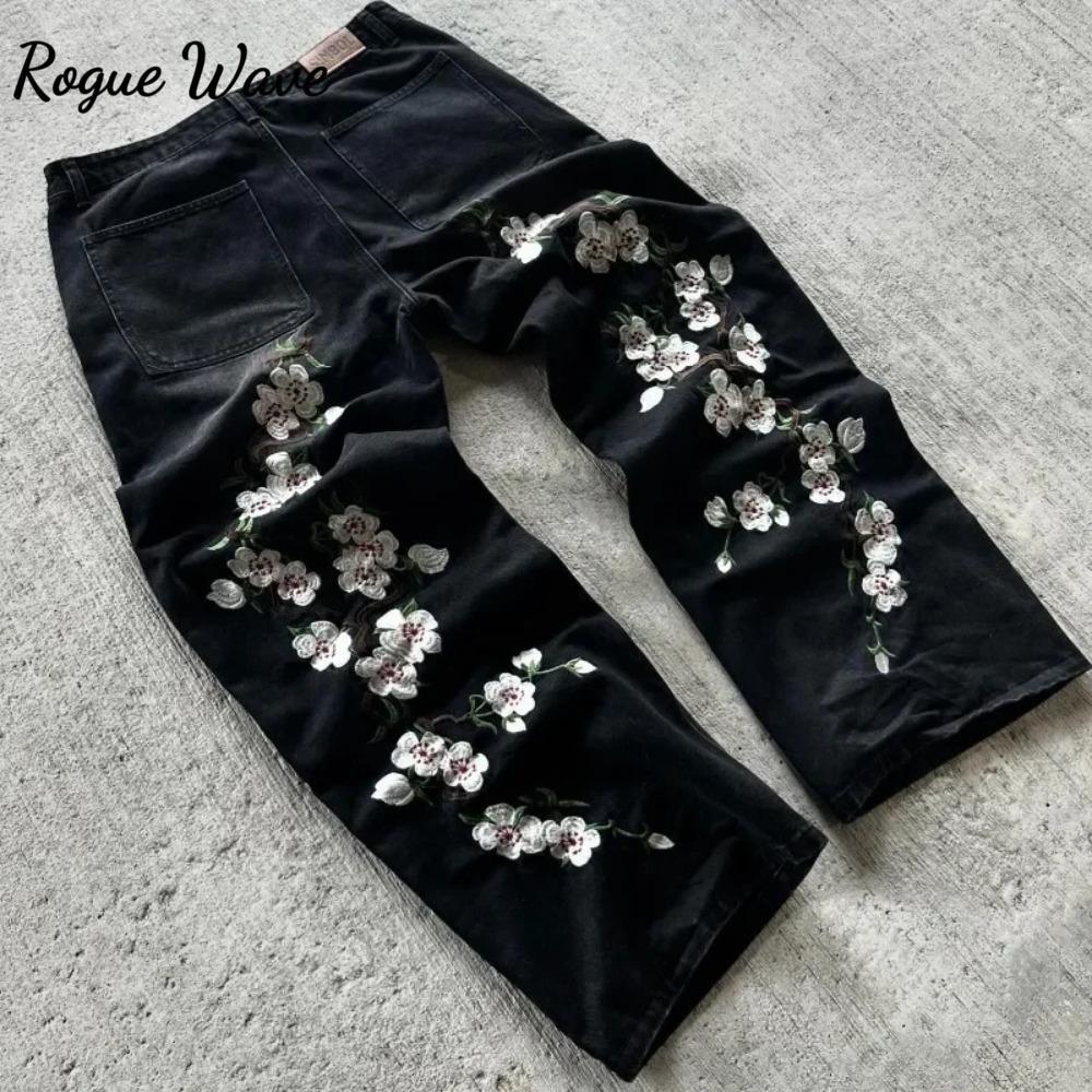 RogueWave Y2K Харадзюку Ретро Джинсы Художественный Узор Вышивки Сакуры Деним Брюки Хай Стрит Свободные Прямые Брюки