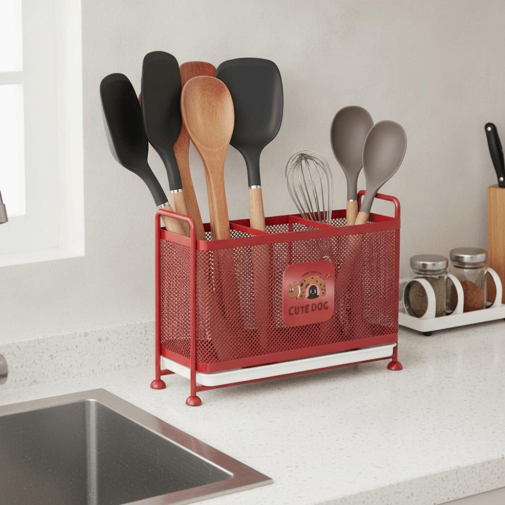 Carbon Steel Cutlery Drain Rack with Drip Tray Cutlery Holder Kitchen Counter-top