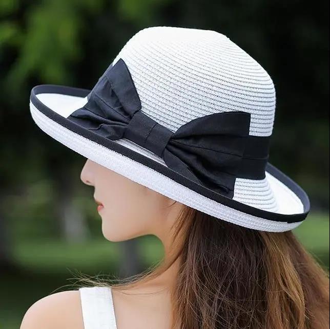 Летняя пляжная соломенная шляпа, женская пляжная шляпа с бантом, большой солнцезащитный козырек, крутая шляпа с керлингом
