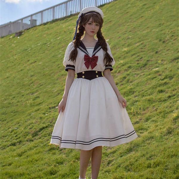 Soft Sister Cute Lolita Dress Women Sweet Puff Sleeve Slim Student Dresses Party Retro Girls Bow Salior Collar Vestidos