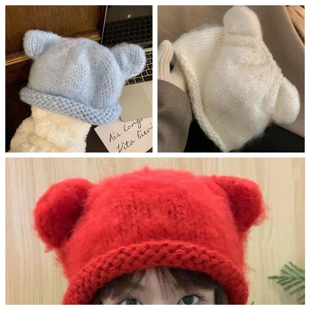 Y2K Knitted Pullover Hat Fluffy Brimless Beanie Cap Fashion Bear Ear Woolen Hat Keep Warm