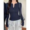 Women S Slim Fit Crew Neck Long Sleeve T Shirt Button Detail Casual Top