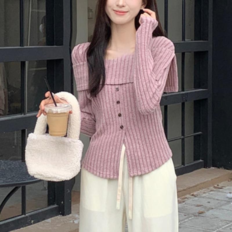 Knit Pullover Women Chic Off Shoulder Casual Slim Gentle Sweater Female Spring New Fashion Solid Long Sleeves Knitwears Lady