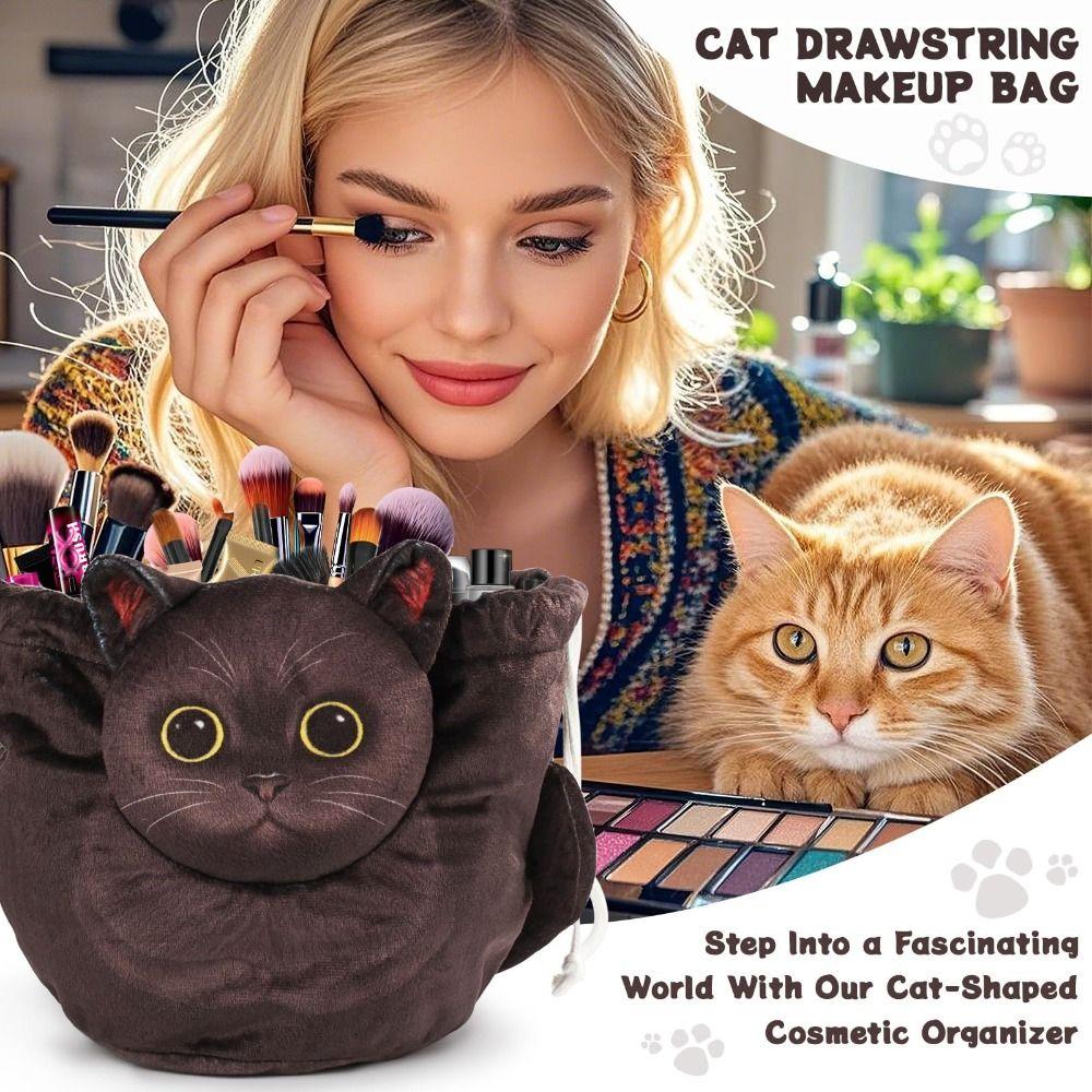 New Cat Shaped Drawstring Makeup Bag Drawstring Portable Cat Makeup Bag Waterproof Cosmetic Pouch Bag Travel Use