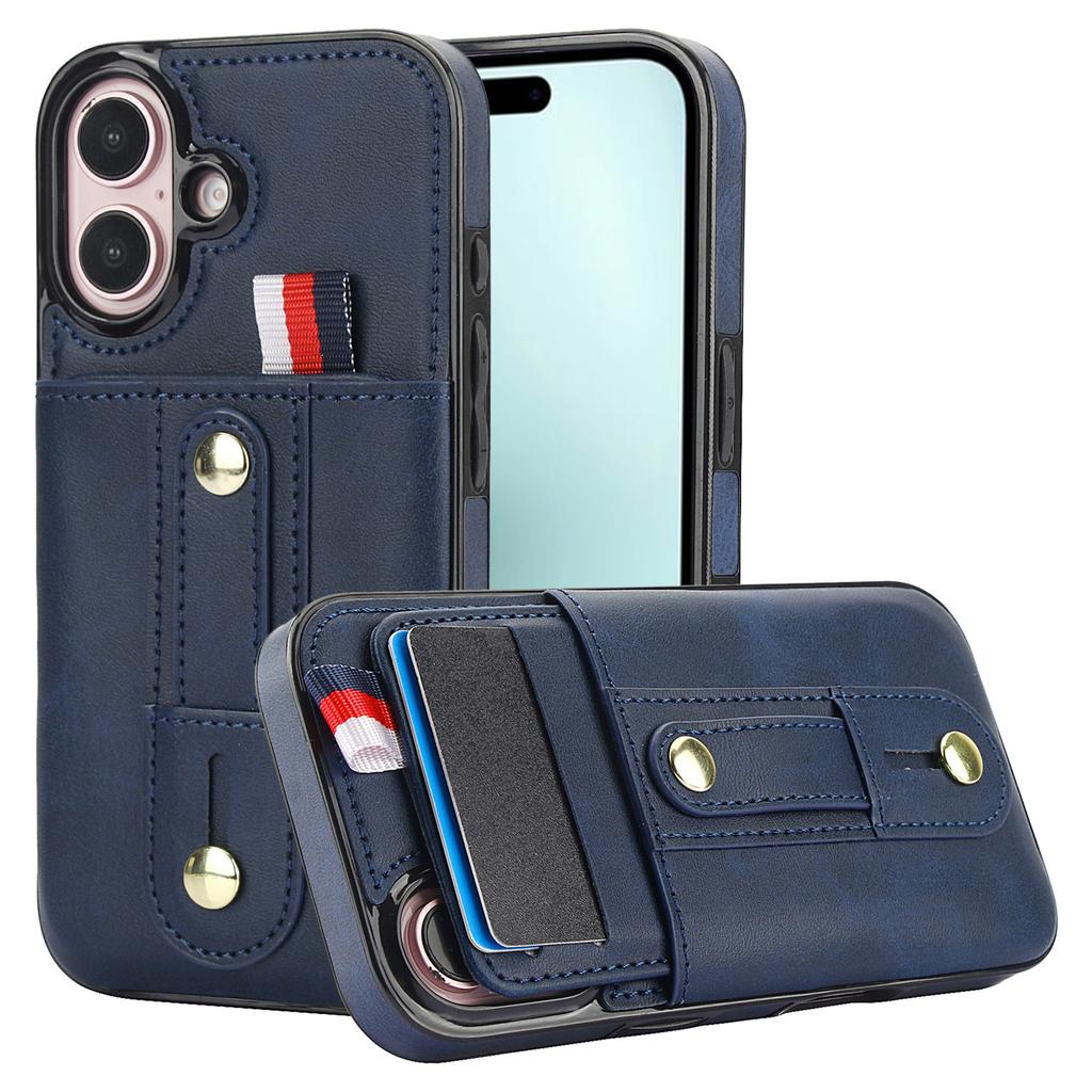 For iPhone 16 Case PU Leather+TPU Hidden Card Holder Drop-proof Phone Cover with Kickstand
