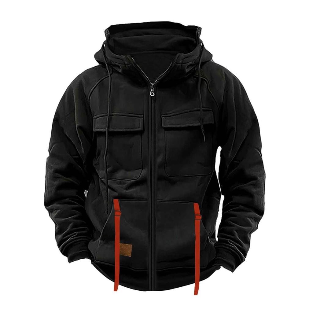 Men's Fashionable Solid Color Long Sleeve Hooded Loose Sweatshirt Sports Multi Pocket Sweatshirt Jacket