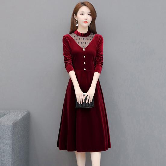 Офисное женское элегантное бархатное платье с круглым вырезом, ажурное сетчатое платье трапециевидной формы с длинными рукавами, декором на пуговицах, свободное платье миди с подолом