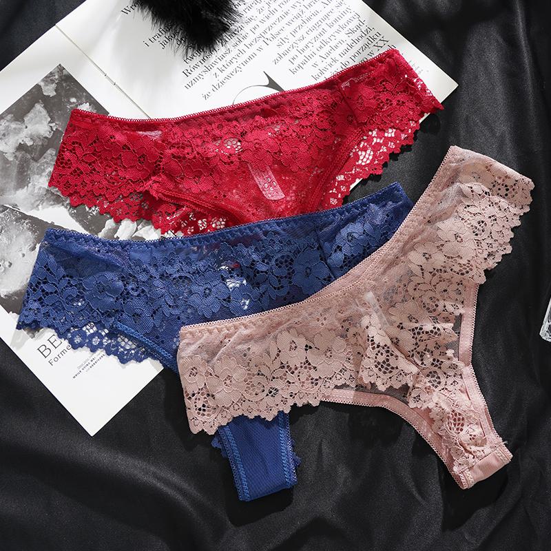 Women's Sexy Lace Floral Hollow Out Low-Rise Briefs Temptation Underwear High Quality Transparent Panties