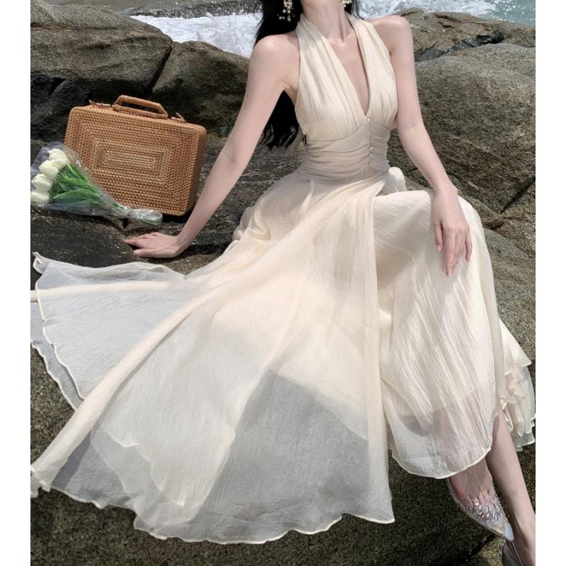 Women's Summer Sleeveless Hanging Neck Gentle Temperament Waist Long Dresses