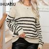 Women's Autumn and Winter Striped Button Twisted Twist Vintage Long Sleeve Knitted Pullover Sweater