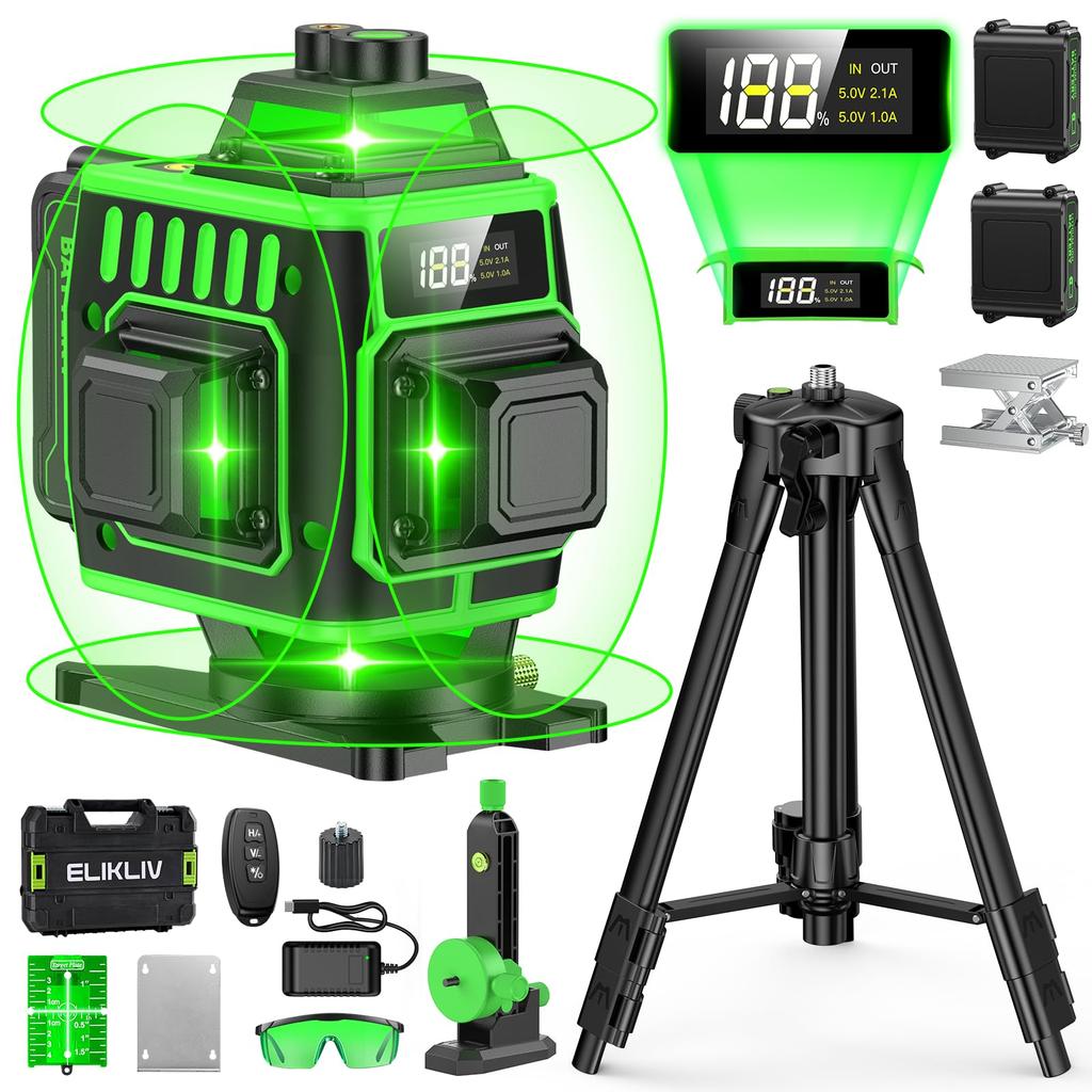 Elikliv 4x360° Green Laser Level, 16-Line Full Layout with LCD Battery Display, 2×4500mAh Batteries, Tripod & 360° Metal Base