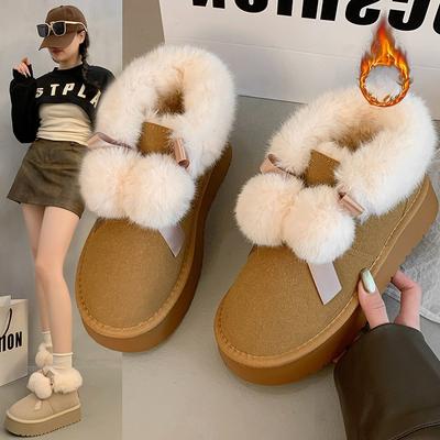 Женская модная легкая милая обувь с меховым помпоном, зимние теплые сноубутсы на толстой подошве со штрипкой, мех интегрированный, нескользящие, повседневные спортивные хлопковые ботинки