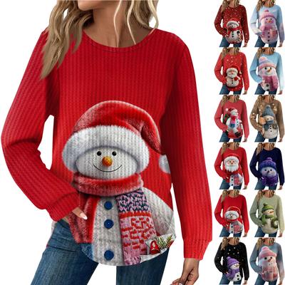 Женская Мода Повседневный Свободный Топ с Круглым Вырезом и Длинным Рукавом с Рождественским Принтом