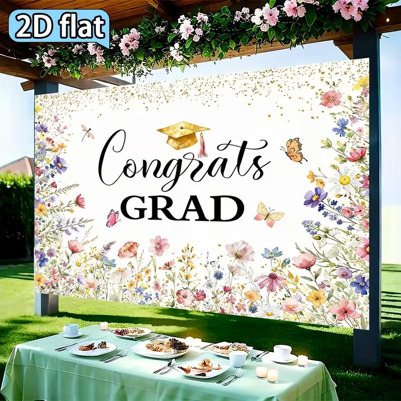 2D "Congrats Grad" Backdrop with Watercolor Wildflowers, Butterflies & Gold Cap