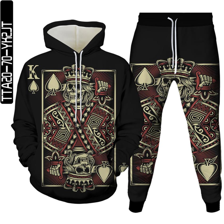 Мужская уличная модная одежда с покерным рисунком и 3D принтом, спортивный костюм Homme, комплект из 2 предметов, толстовки, спортивные штаны большого размера, S-6XL