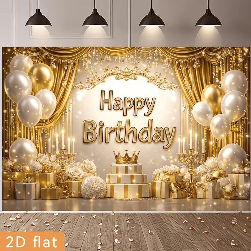 2D Royal Gold Happy Birthday Backdrop Banner Photography Background for Adult Party