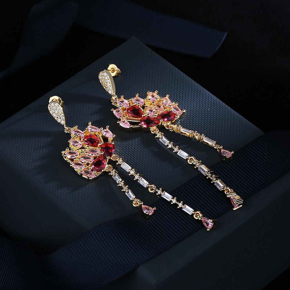 925  Temperament Long Butterfly Tassel Drop Earrings Pink Red Cubic Zirconia Trending Gold Color Women Jewelry Gift