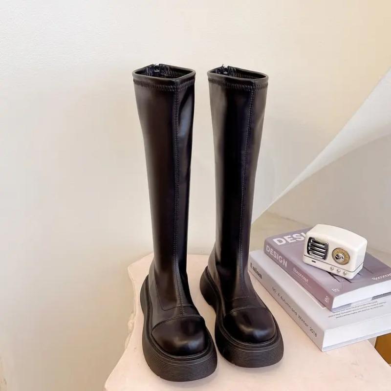 Женские резиновые сапоги осень-зима 2025, зимняя обувь, низкий каблук, длинные ботильоны, круглый носок, платформа, дождевые сапоги до колена, боты для женщин