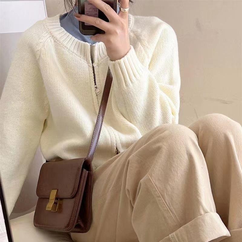 Autumn and Winter New Simple Casual Versatile Knitted Cardigan Top Women's Double Zipper Short Sweater Jacket