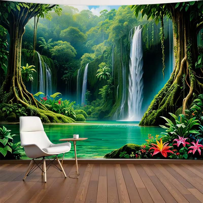 2D Turquoise Pool Waterfall Tapestry Lush Rainforest Photography Background
