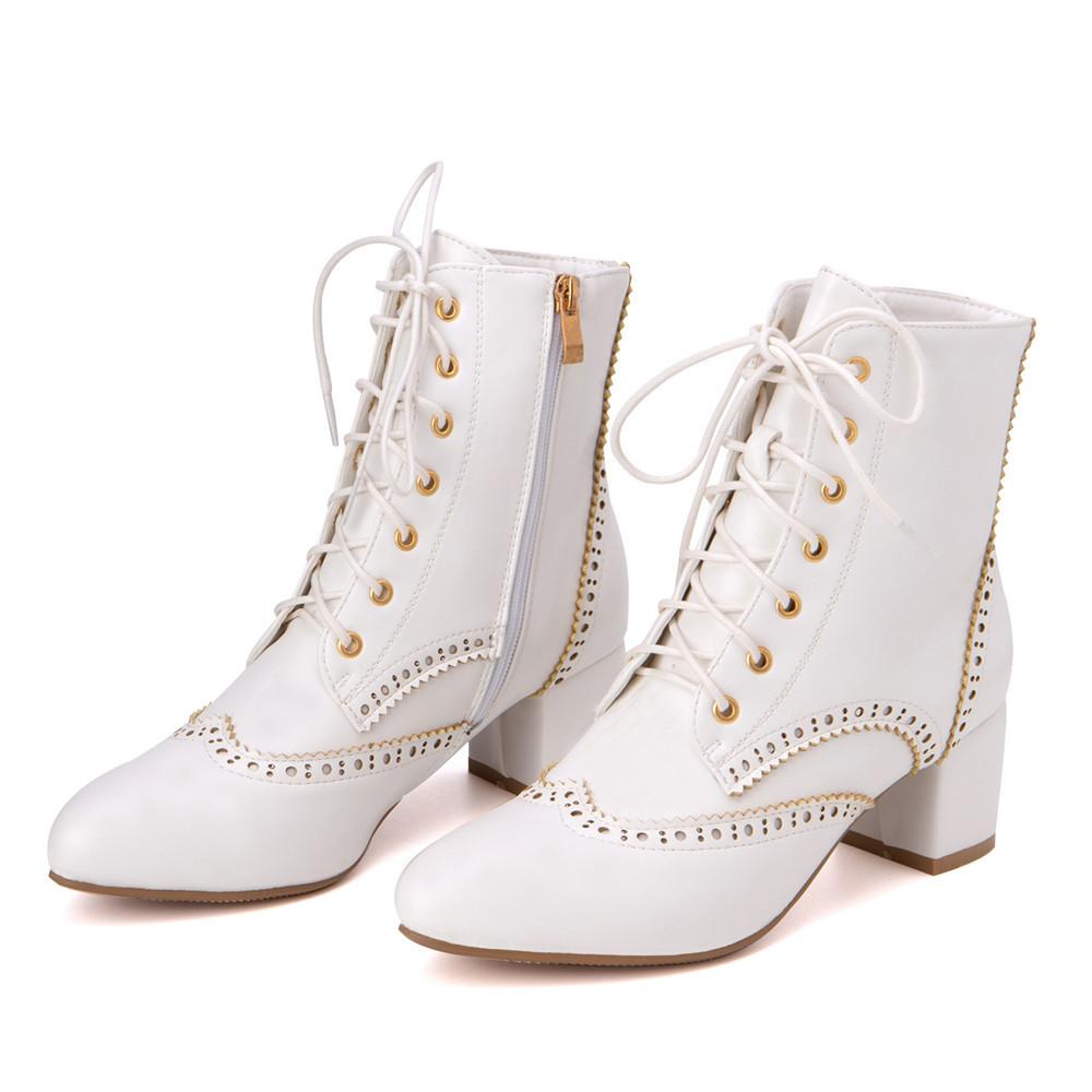 New Lace Up Ladies Square High Heel Shoes Ankle Boots Side Zip Retro Women Pointed Toe Thick Soled Short Booties White Black