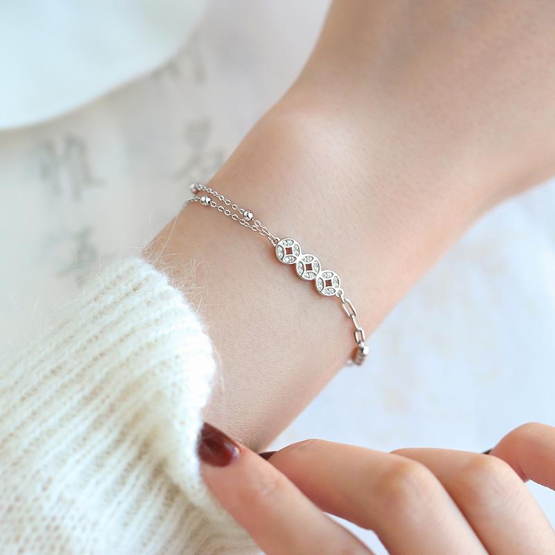 Стерлингового Серебра S925 Серебряный Браслет Китайский Стиль Браслет Счастливая Медная Монета Ретро Мода Двухслойный Браслет Из Бисера Для Женщин