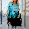 Plus Size Women Autumn Blue Peach Blossom Printed Comfy Long Sleeve Round Collar T-shirt Casual Baggy Mid Length Tee Tops