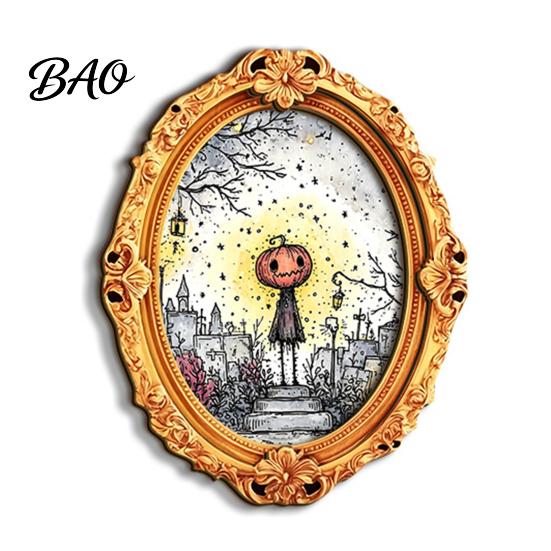 Decorative Metal Cabinet Magnets Halloween Wooden Frame Refrigerator Magnet, Retro Oval Fridge Magnet Pumpkin Ghost Magnetic Decoration for