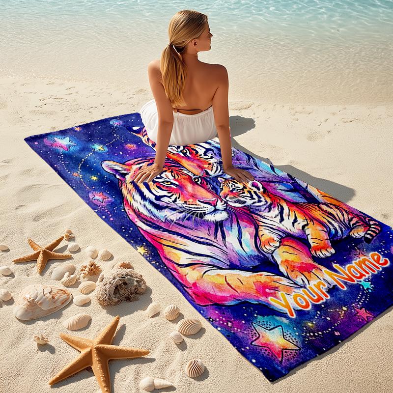 1PC Custom Name Tiger Family Stars Beach Towel Highly Absorbent And Sand-Resistant Towel for Swimming, Pool, Yoga, And Travel Lightweight