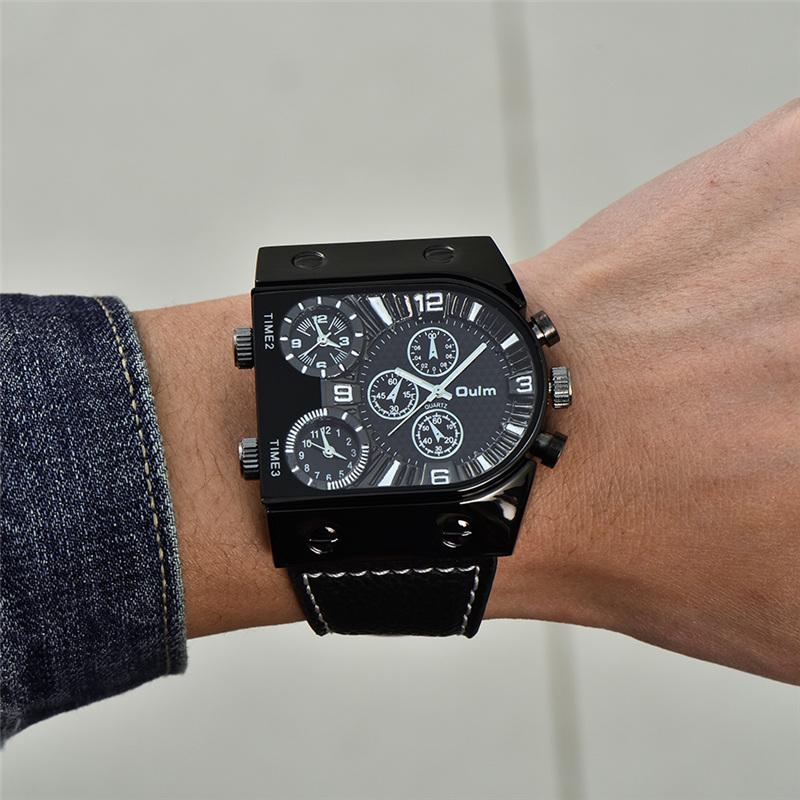 Men's Three Time Zone Leather Strap Sports Watch Outdoor Waterproof Chronograph Quartz Wristwatch