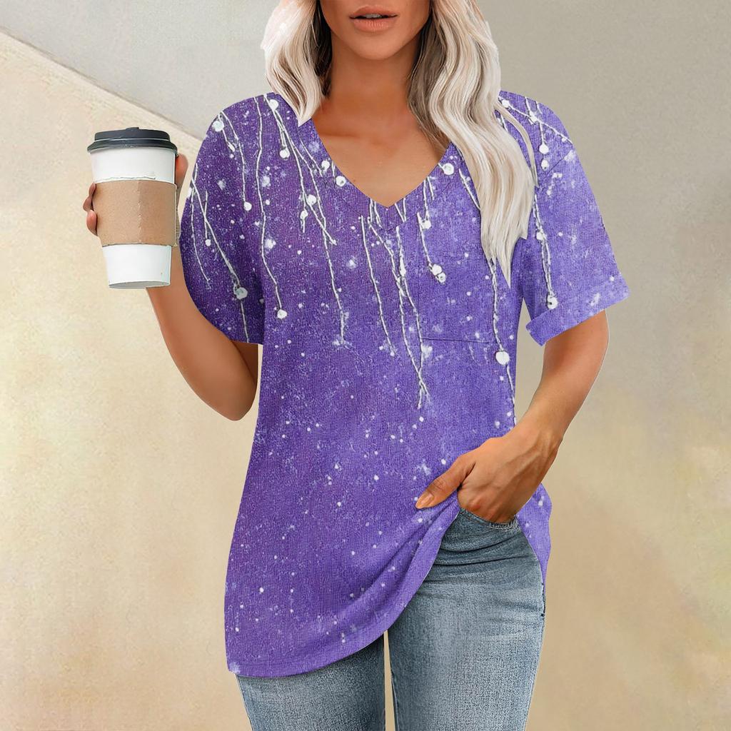 Женская модная футболка с коротким рукавом и V-образным вырезом с карманом и цветочным принтом