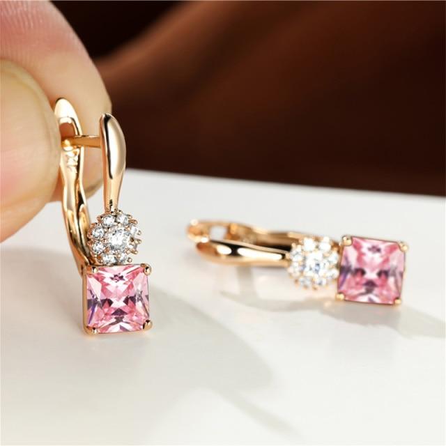 Small Square Stone Rainbow Zircon Earrings Dainty Rose Gold Color Wedding Earrings Female Luxury Crystal Hoop Earrings For Women