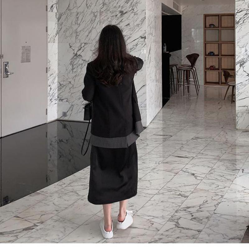 Осенние полосатые вышивки, поддельные женские пальто из двух предметов, модный дизайн, черный пиджак, одежда, повседневная свободная одежда