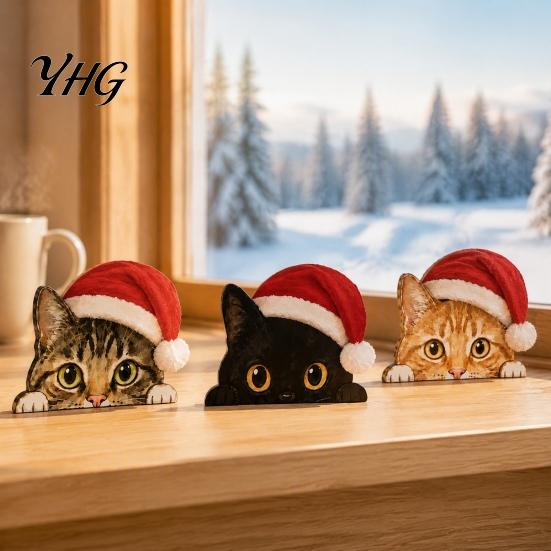 Wooden Animal Craft Cute Cat Shelf Sitter, Christmas Hat Peeking Desk Figurine, Funny Scene Accessories Sign, Lover Gift for Holiday Home Office