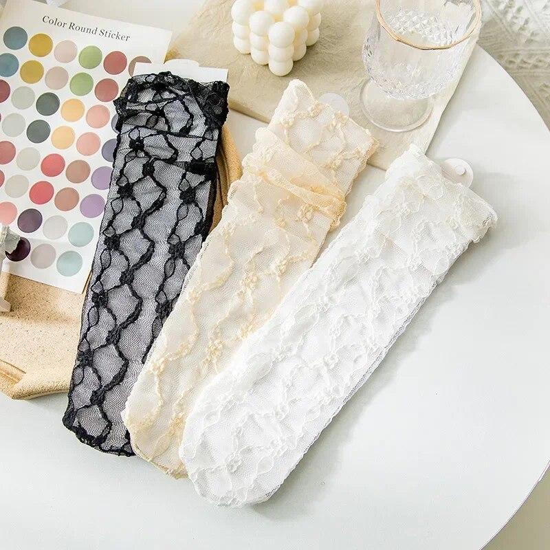 Кружевные носки, женские летние ультратонкие прозрачные сетчатые свободные длинные носки в сетку JK Lolita, милые кавайные милые носки принцессы для девочек