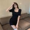 Bubble sleeve tight dress, new pure desire style square neck pleats, waist and thin hip skirt, Spice Girls ins tide