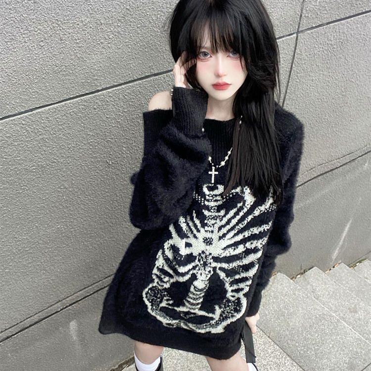 Готические свитера с черепом в стиле Харадзюку, женские пуловеры Y2k, готический панк, вязаные черные топы с длинными рукавами, осенний трикотаж, крутая девушка