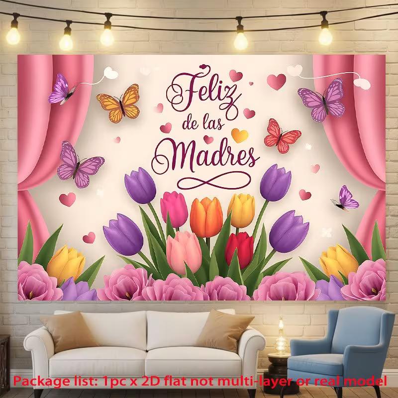 2D Pink Curtain & Tulip Feliz de las Madres Photo Booth Background