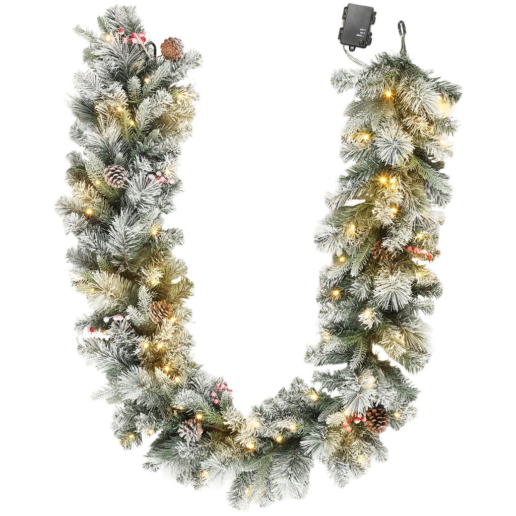 Christmas Garland diameter 25x180 cm with 50 LED Lights, Berries and Pine Cones, in Plastic and Metal, Green and White